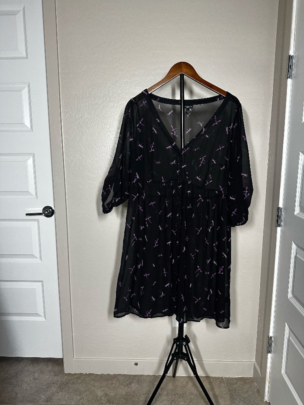Torrid Black Purple Dragonfly Print Chiffon Babydoll Dress Size 1 (14/16)